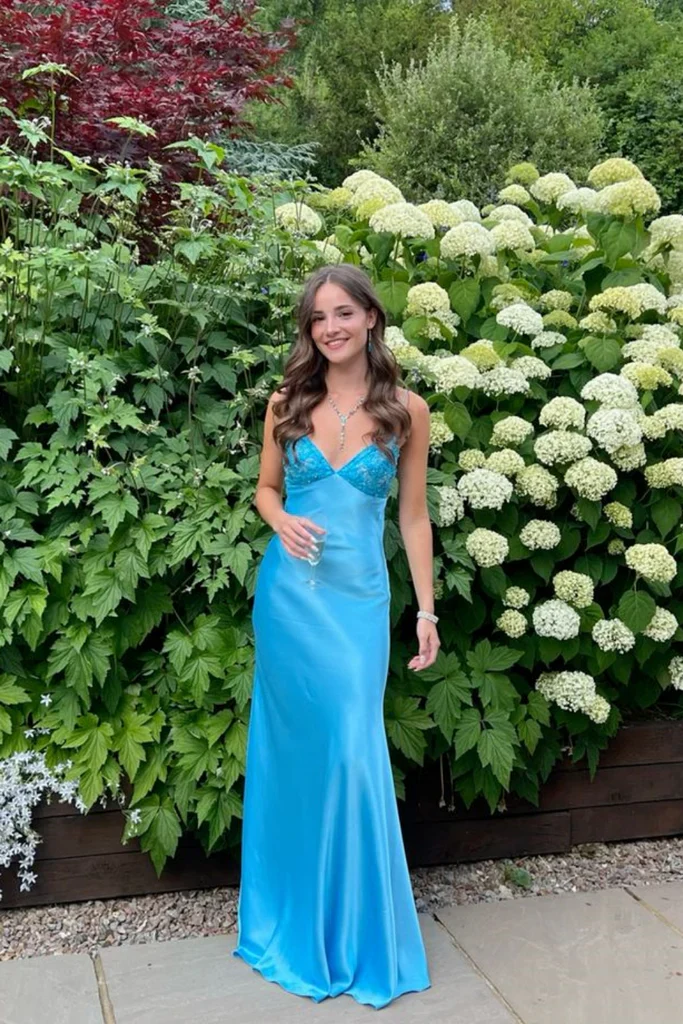 Pretty Blue Satin Mermaid Backless Long Prom Dress Evening Dress Y7516