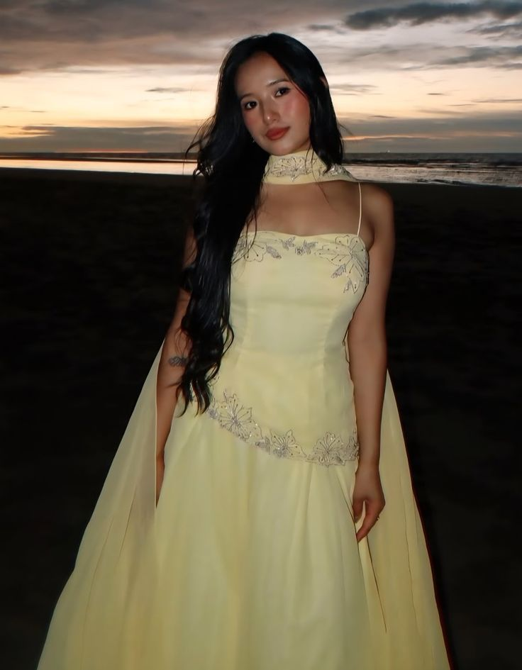 Pretty Spaghetti Straps Yellow Chiffon Beaded Long Evening Dress Formal Prom Dress With Scarf SP695