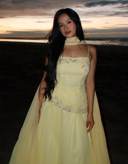 Pretty Spaghetti Straps Yellow Chiffon Beaded Long Evening Dress Formal Prom Dress With Scarf SP695