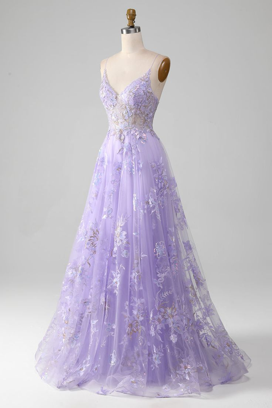 Women Sequins Purple Prom Dress with Embroidery A-Line Tulle Spaghetti Straps Party Dress Y7023