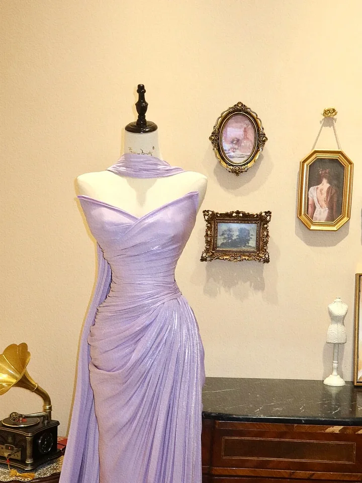 Classy Purple Strapless Satin Pleated Mermaid Long Evening Dress Formal Prom Gown With Ribbon SP406