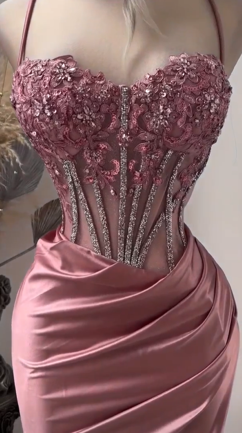 Glamour Spaghetti Straps Satin Beaded Appliques Pleated Mermaid Prom Dress Pink Party Dress SP4196