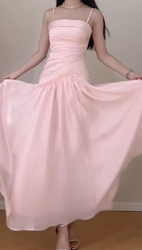 Classy Pink Spaghetti Straps Chiffon Pleated Mermaid Evening Dress Formal Wedding Guest Dress SP621
