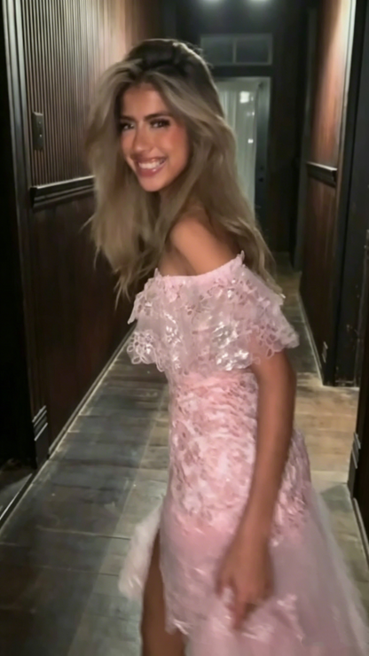 Charming Pink Off The Shoulder Tulle Sequin Layered Slit Long Party Dress Prom Dresses SP3373