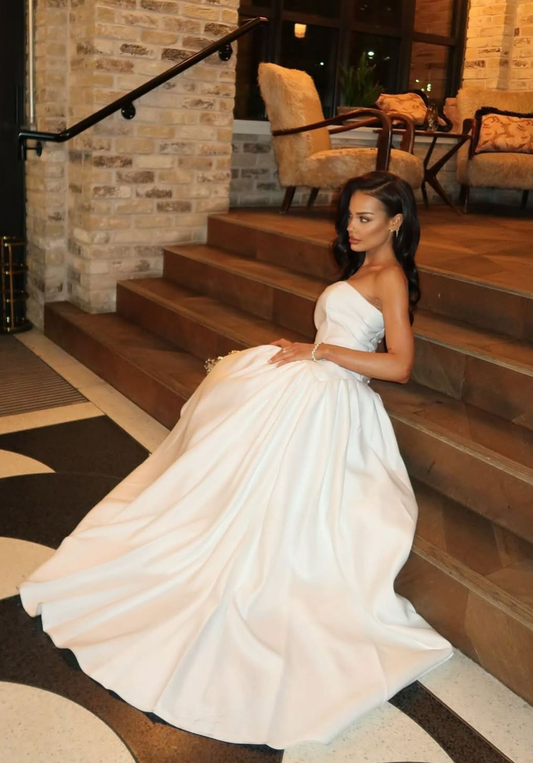 Pretty Strapless White Satin Formal Long Wedding Dress Bridal Dress SP590