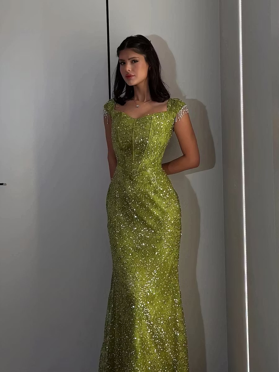 Charming Green Sequin Strapless Mermaid Long Party Dress Prom Dress With Beadings SP3631