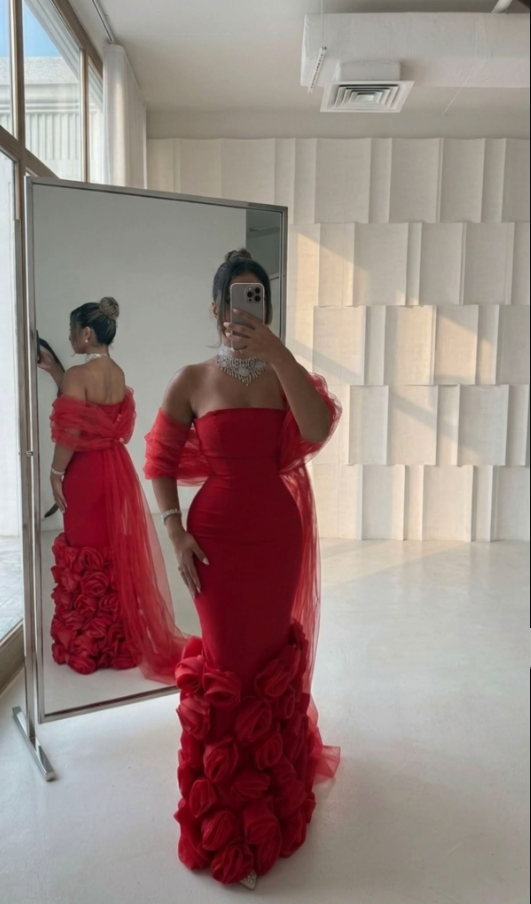 Charming Red Strapless Satin 3D Floral Sheath Long Birthday Party Dress Prom Dresses SP4005