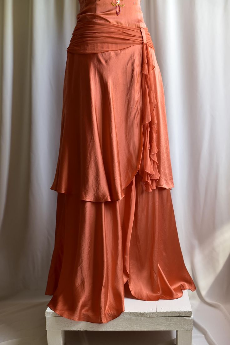 Vintage Orange V Neck Satin Chiffon Beaded Layered Mermaid Party Dress Formal Birthday Prom Gown SP684