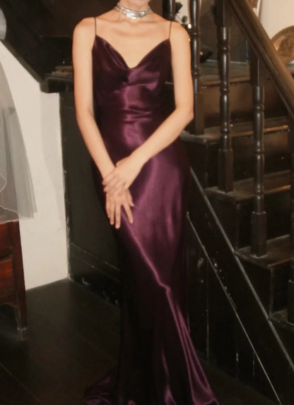 Vintage Satin Spaghetti Straps Long Wedding Guest Dress Burgundy Long Evening Dress Prom Gown SP3917