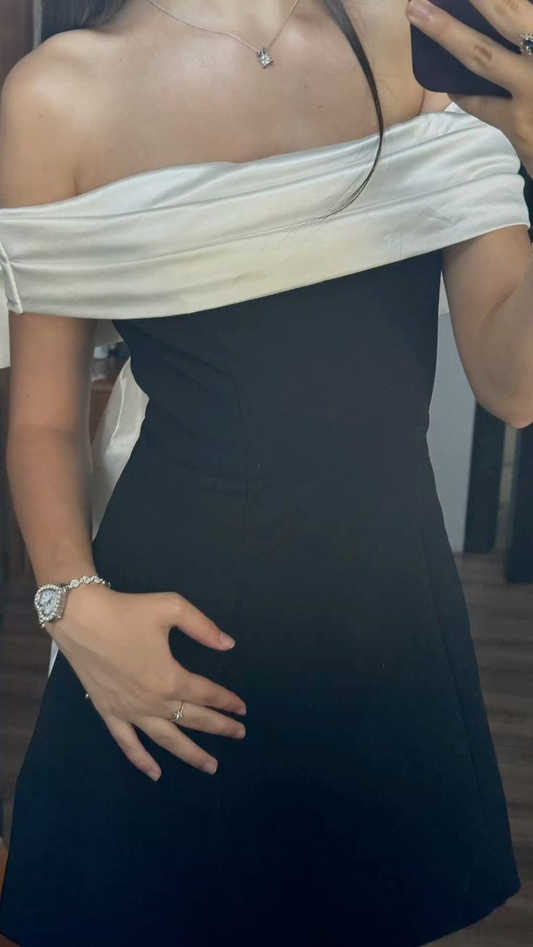 Fashion Black Off The Shoulder Satin Short Cocktail Dress Homecoming Dress SP2804