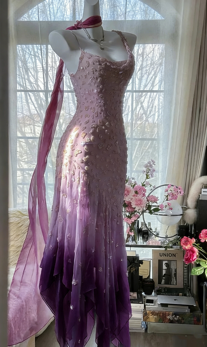 Vintage Pink Chiffon Beaded Mermaid Evening Dress Prom Dress Y8788