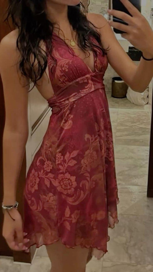 Vintage Rouge Floral Print Chiffon Homecoming Dress,Halter Deep V Mini Birthday Prom Dress SP2757