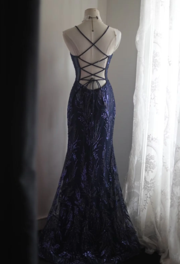 Gorgeous Spaghetti Straps Navy Blue Sequin Tulle Mermaid Long Evening Dress Prom Gown SP1236