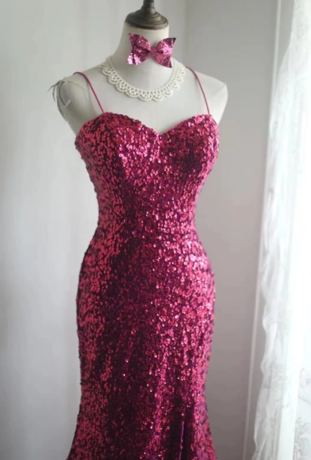 Sparkly Spaghetti Straps Hot Pink Sequin Mermaid Long Wedding Guest Dress Evening Gown SP1246