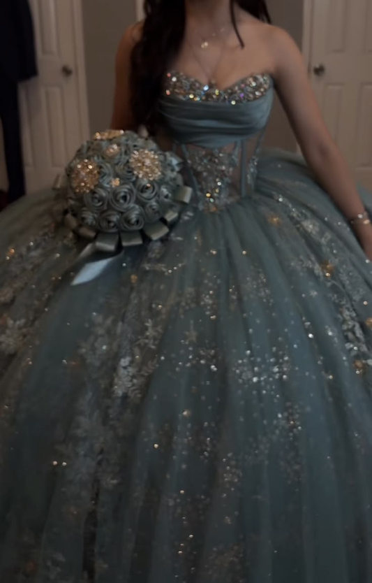 Elegant Green Strapless Princess Ball Dress, Sparkle Sequin Lace Beaded Tulle Sweet 16 Dress SP2739