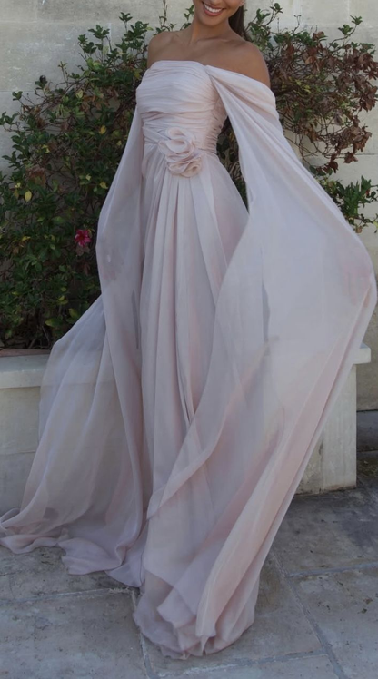 Classy Pink Off The Shoulder Chiffon Long Party Dress Formal Bridesmaid Dress SP1075