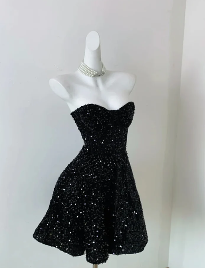 Pretty Black Strapless Sequin A Line Short Homecoming Dress Cocktail Dress Y9684