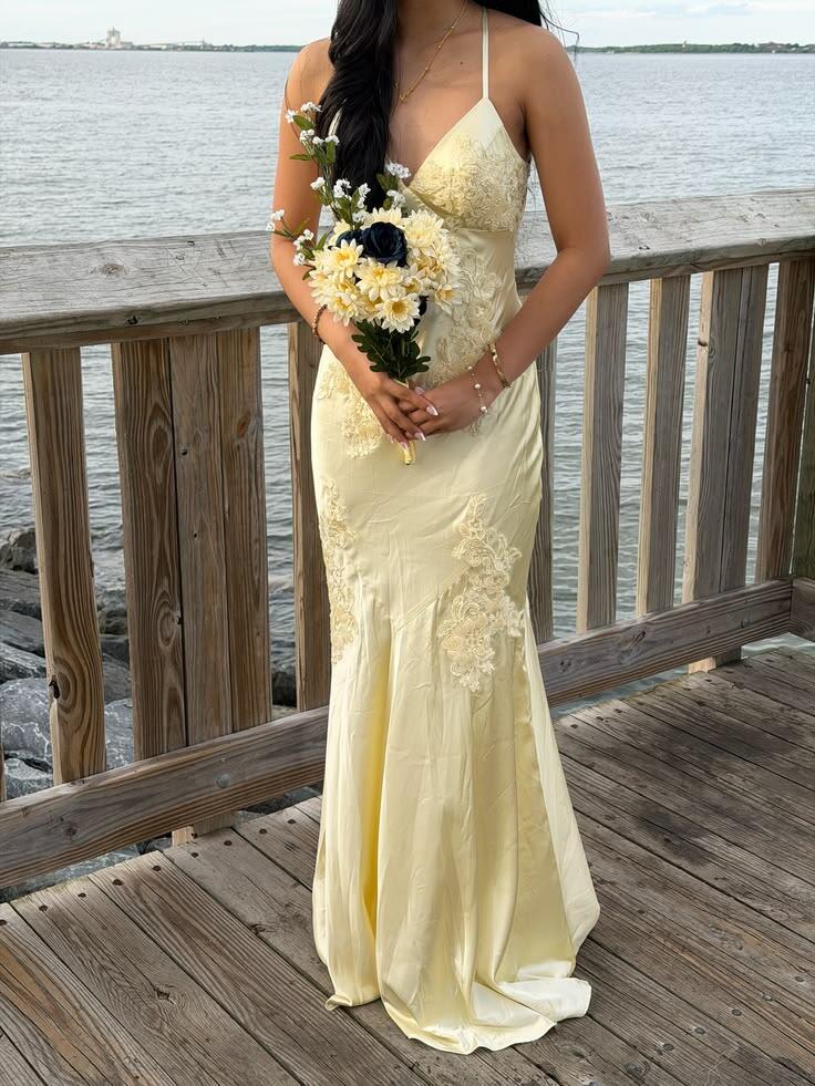 Classy Yellow Satin Appliques Mermaid Party Dress,Spaghetti Straps Long Wedding Guest Dress SP4025