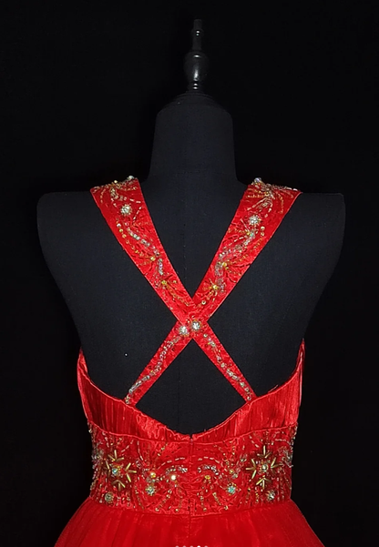 Charming Red Satin Tulle Pleated A Line Long Prom Dress Evening Dress With Beaded SP439