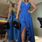 Simple A-line V Neck Blue Prom Dress Y5924
