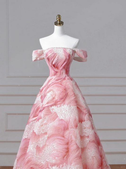 Dream Pink Strapless Satin Print Sequins Prom Dress,Princess Birthday Ball Gown Y8604