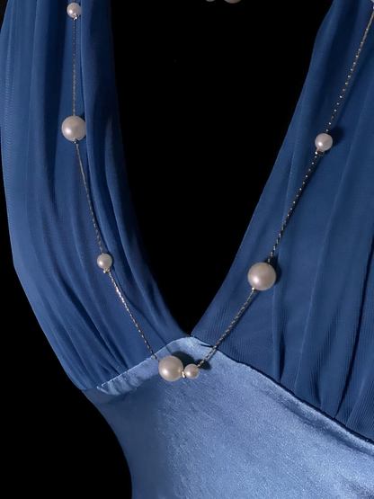 Classy Halter V Neck Satin Chiffon Mermaid Long Party Dress Blue Long Birthday Prom Dress SP4063