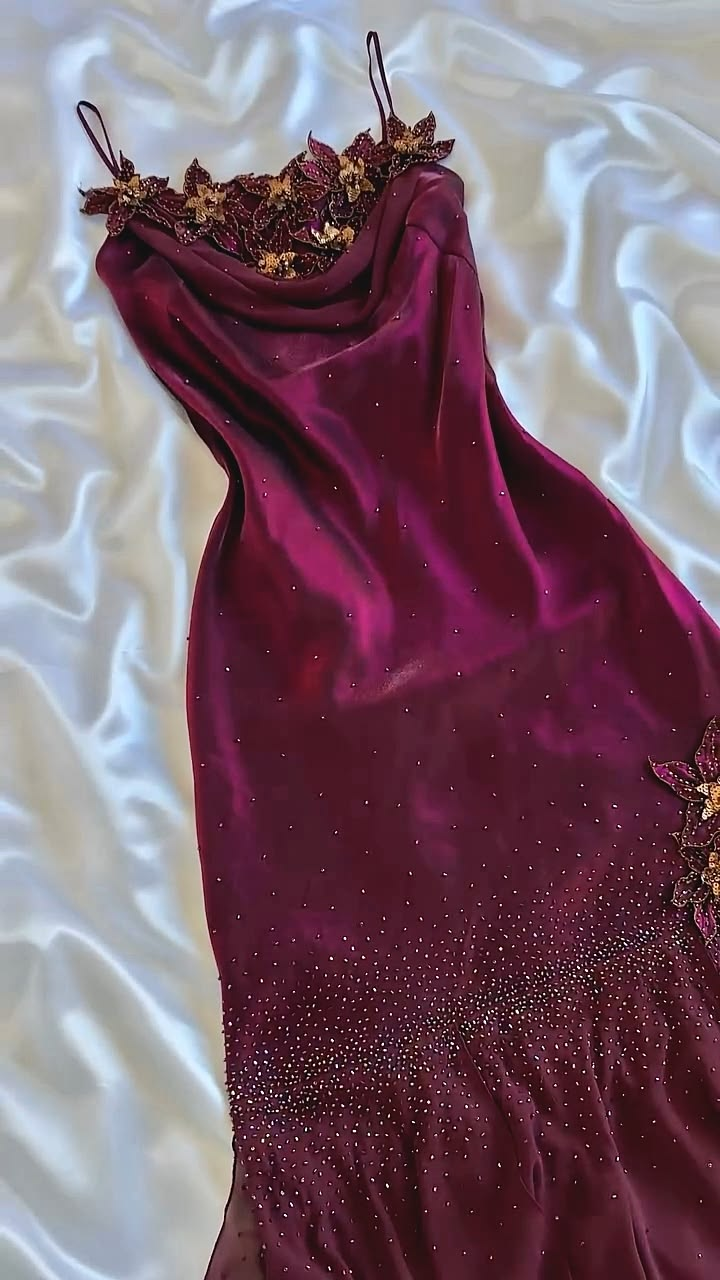 Classy Spaghetti Straps Dark Fuchsia Satin Chiffon Beaded Mermaid Party Dress Long Birthday Prom Dress With Flowers SP2241