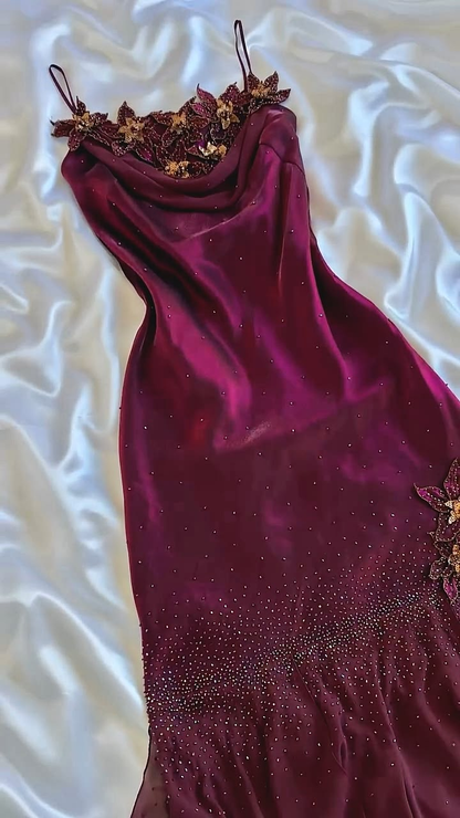 Classy Spaghetti Straps Dark Fuchsia Satin Chiffon Beaded Mermaid Party Dress Long Birthday Prom Dress With Flowers SP2241