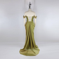 Elegant Green Satin Pleated Party Dress,Off The Shoulder Mermaid Evening Dress Bridesmaid Dress Y8737