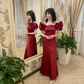 Elegant Red Puff Sleeves Satin Ball Gown Long Prom Evening Dress Y7603