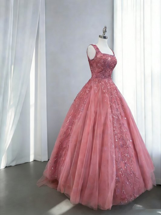 Pretty Pink Square Neck Tulle Sequin Beaded Birthday Quinceanera Dress Sweet 16 Dress SP1804