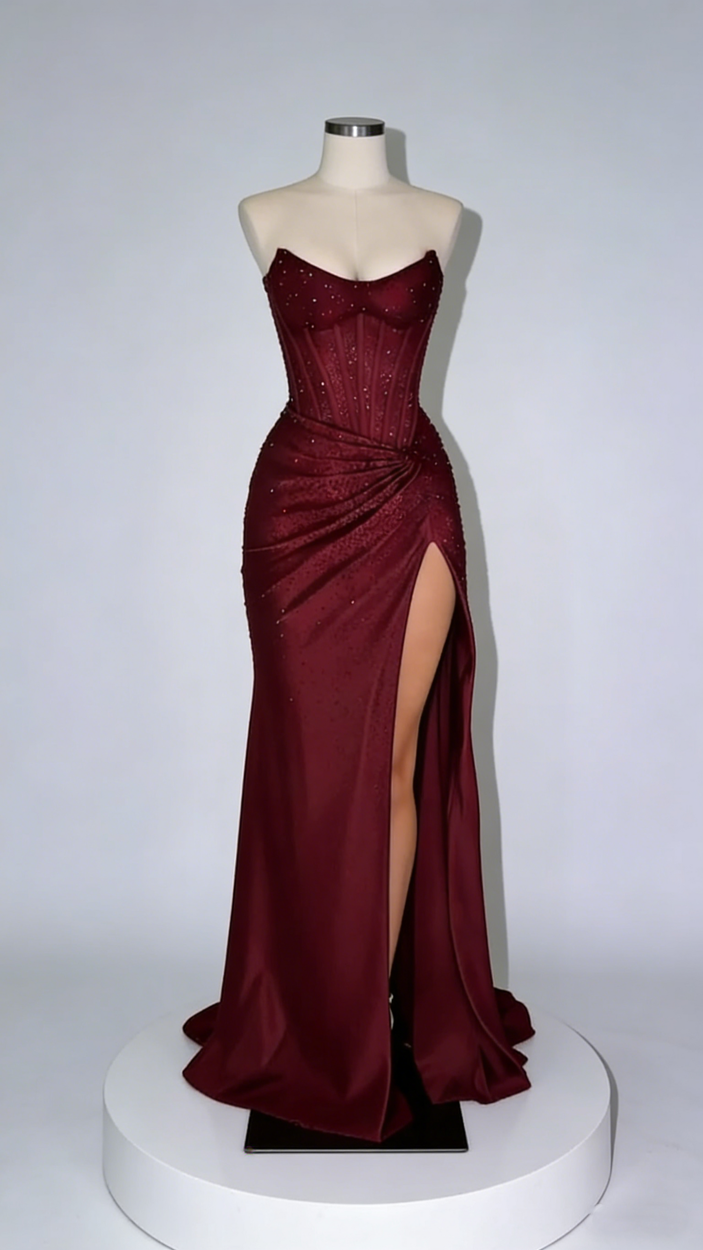 Vintage Burgundy Strapless Satin Mermaid Slit Evening Dress Long Prom Gown SP1897