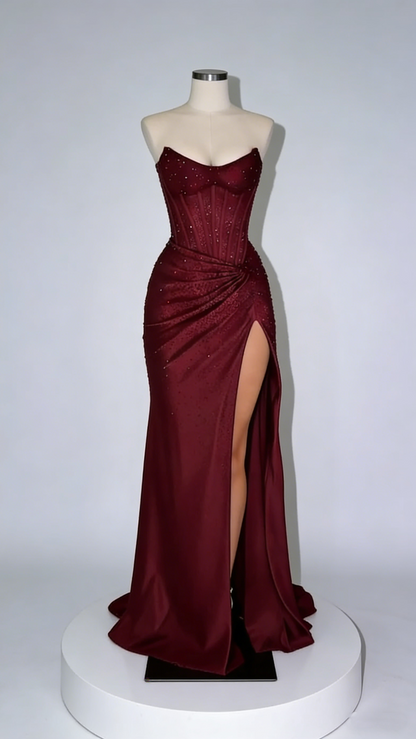 Vintage Burgundy Strapless Satin Mermaid Slit Evening Dress Long Prom Gown SP1897