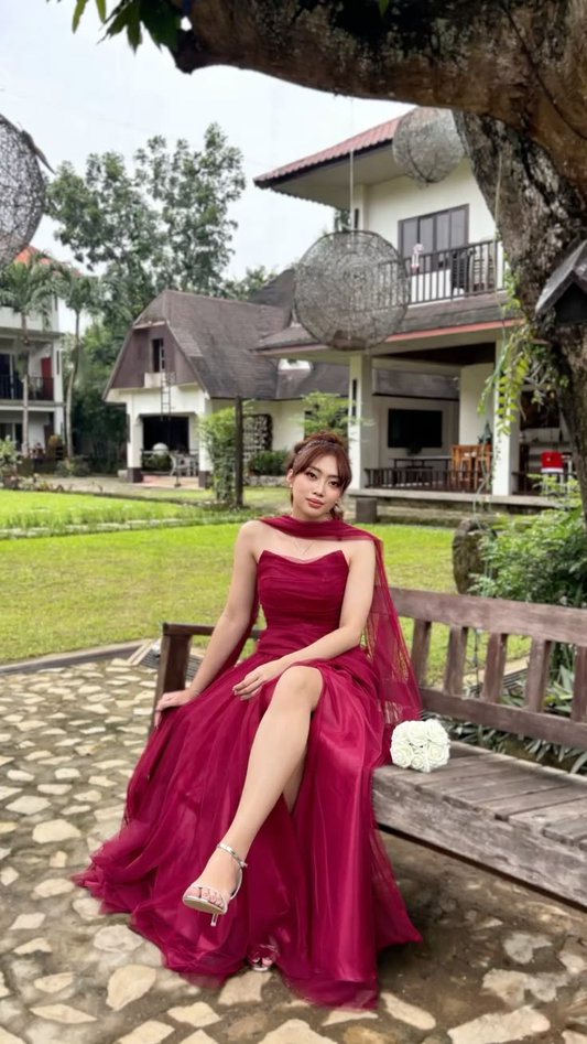Pretty Satin Tulle Dark Hot Pink Long Party Dress Strapless Slit Long Wedding Guest Dress SP4148