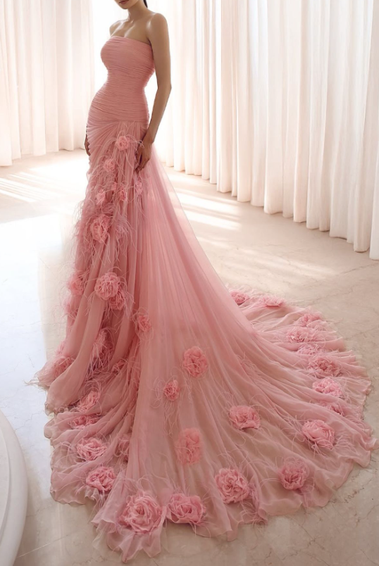 Pretty Pink Strapless Tulle Pleated 34 Flowers Mermaid Party Dress Long Prom Dresses With Feathers SP492