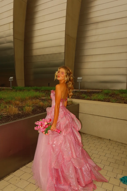 Glamorous Sweetheart Neck Tulle Sequin 3D Floral Long Party Dress,Pink Long Birthday Prom Dress SP3372