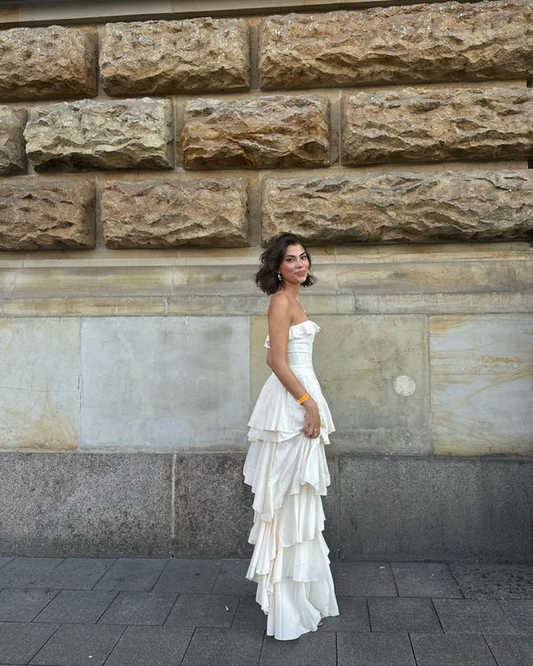 Elegant Strapless Satin Layered Slit Evening Dress,Formal Ivory Prom Dress Y8247