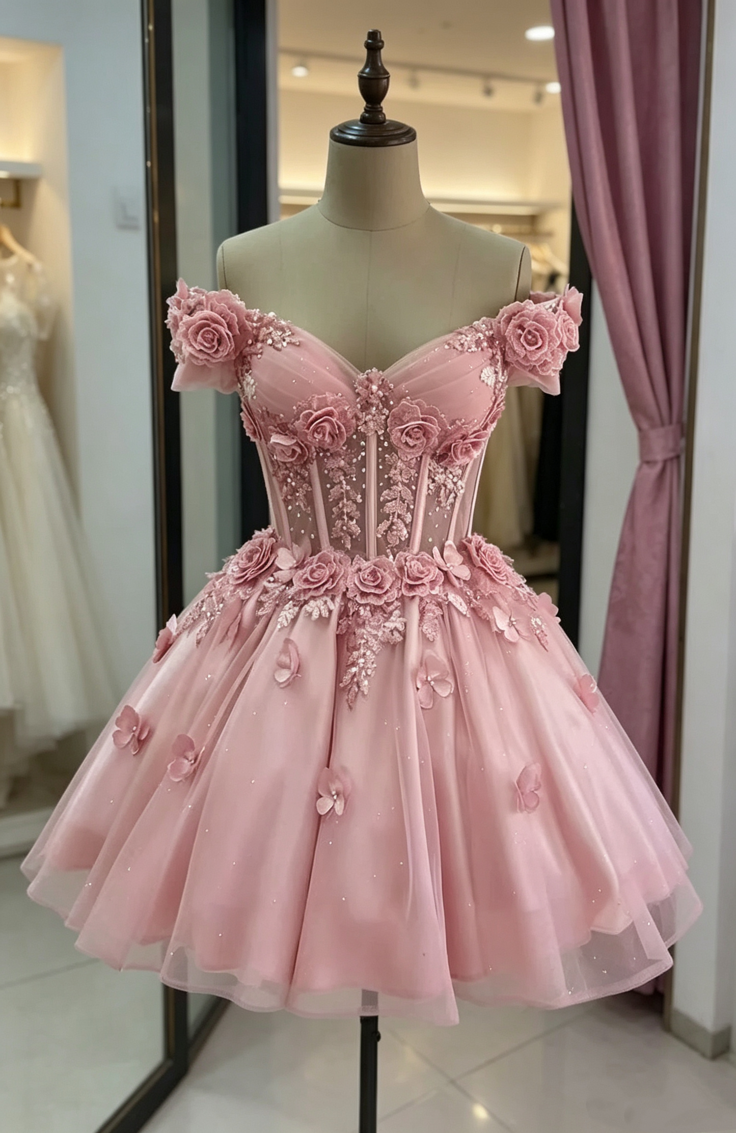 Beautiful Off The Shoulder Tulle Appliques Short Prom Dress,Pink A Line Short Graduation Homecoming Dress SP3260