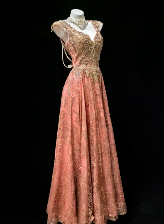 Unique Pink Lace Sequin Beaded A Line Long Party Dress Birthday Prom Dresses SP1575