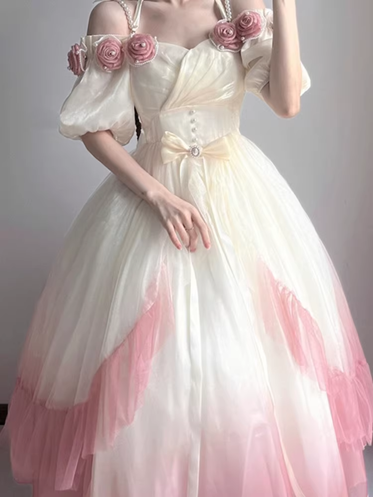 Roses Flowers Masquerade Prom Dress Pink Gradient Floral Party Dress With Pearls Y2401