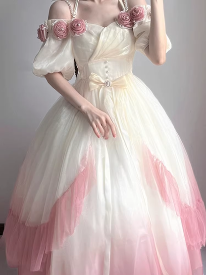 Roses Flowers Masquerade Prom Dress Pink Gradient Floral Party Dress With Pearls Y2401