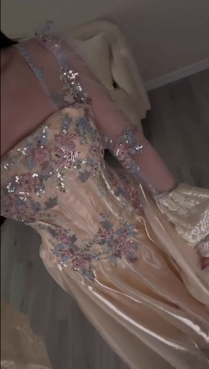 Charming Tulle Sequin Floral A Line Long Party Dress Light Champagne Birthday Dress Prom Gown SP2271
