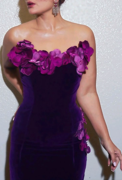 Vintage Floral Strapless Purple Velvet Sheath Long Birthday Outfits Formal Party Dress SP643