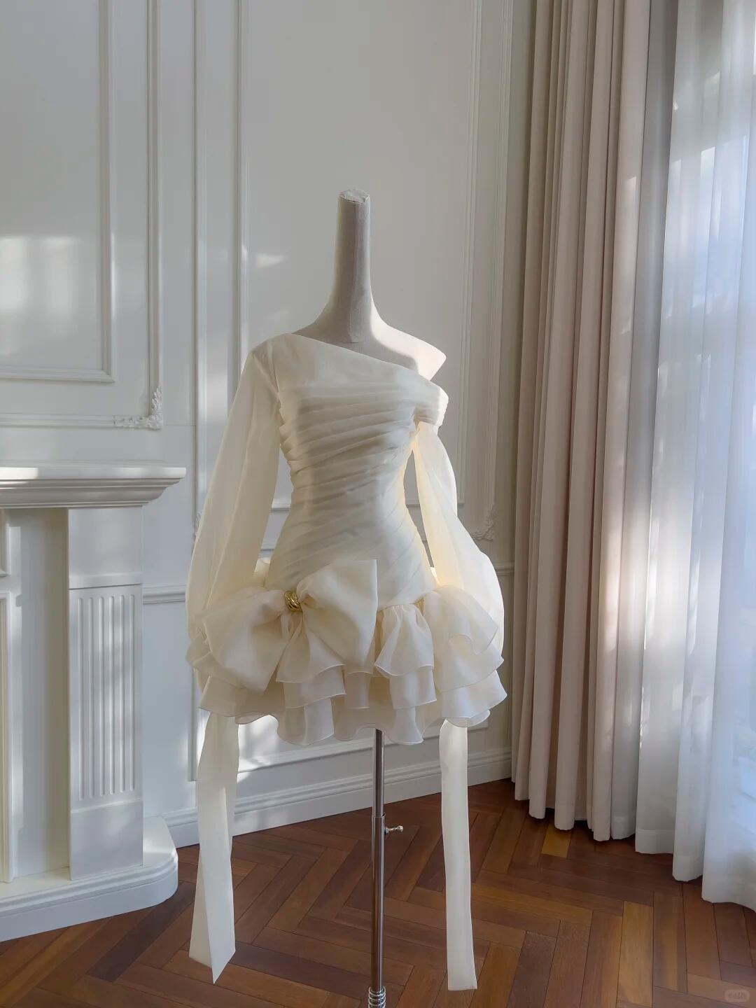 Elegant Cream White Tulle Pleated Short Homecoming Dress,One Shoulder Ruffles Mini Birthday Dress SP2603