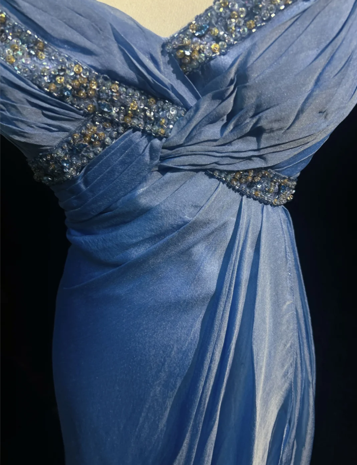 Unique Blue V Neck Satin Chiffon Beaded Mermaid Long Party Dress Birthday Prom Dresses SP1863