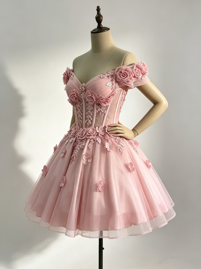 Beautiful Off The Shoulder Tulle Appliques Short Prom Dress,Pink A Line Short Graduation Homecoming Dress SP3260