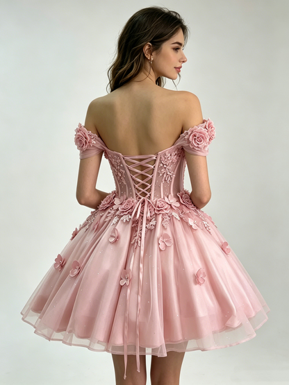 Beautiful Off The Shoulder Tulle Appliques Short Prom Dress,Pink A Line Short Graduation Homecoming Dress SP3260