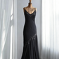 Elegant Spaghetti Straps Black V Neck Chiffon Beaded Mermaid Long Party Dress Formal Evening Dress SP1809