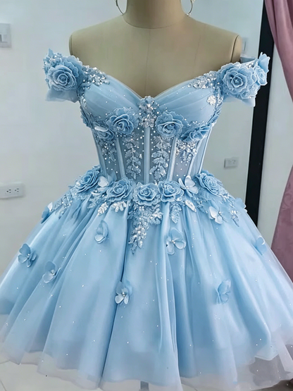 Beautiful Off The Shoulder Tulle Appliques Short Prom Dress,Pink A Line Short Graduation Homecoming Dress SP3260