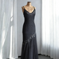 Elegant Spaghetti Straps Black V Neck Chiffon Beaded Mermaid Long Party Dress Formal Evening Dress SP1809